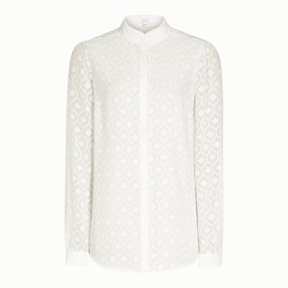 Reiss Madison Textured Blouse Off White Geometric Long Sleeve Size 10